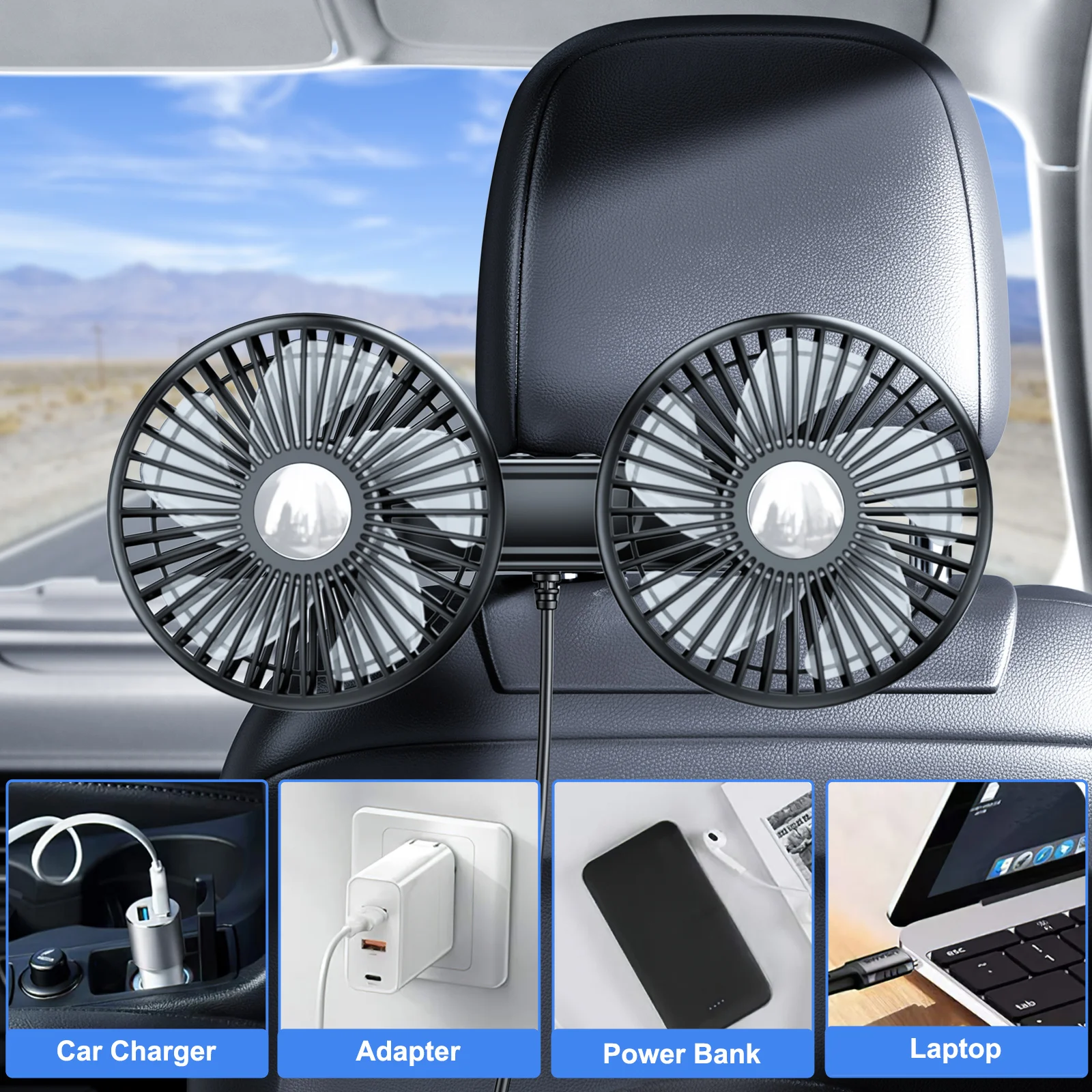 Eary Dual Head Fan Car Backseat Cooling Fan Summer Car Accessories 360° Rotation Cooler Car USB Charge Air Condition Cold Fans