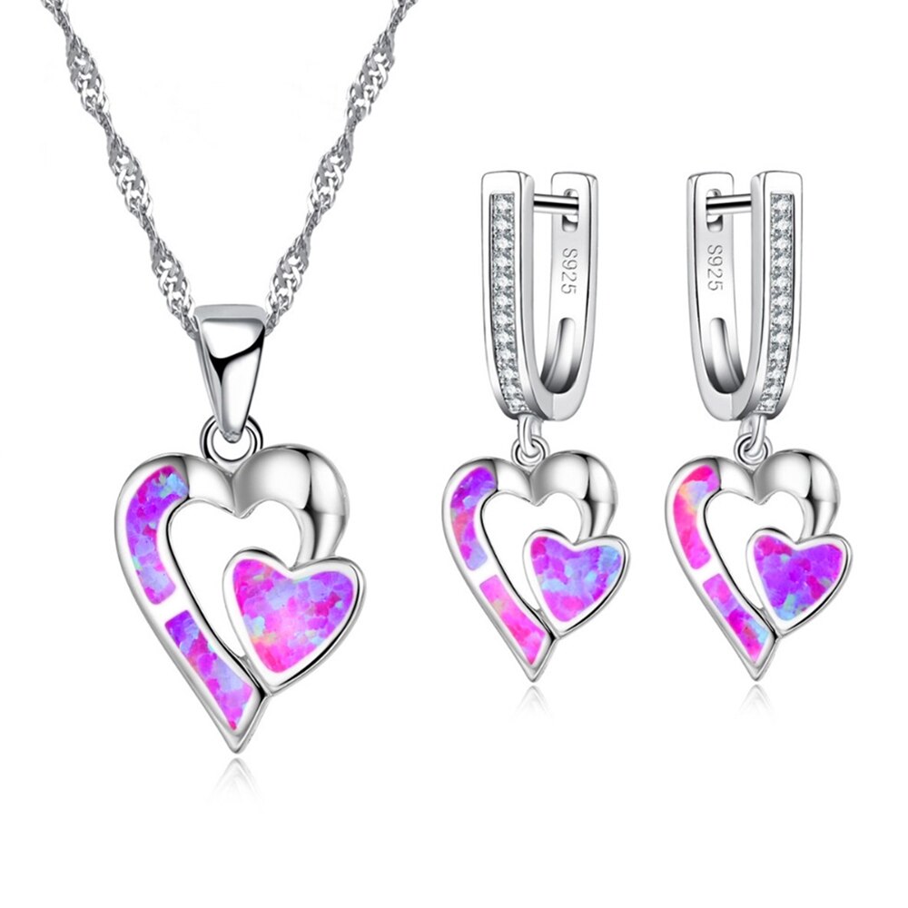 Jewelry Set Luxury Romantic Double Heart Bride Wedding Jewelry Set Lady White Opal Necklace And Earring Sets: Purple