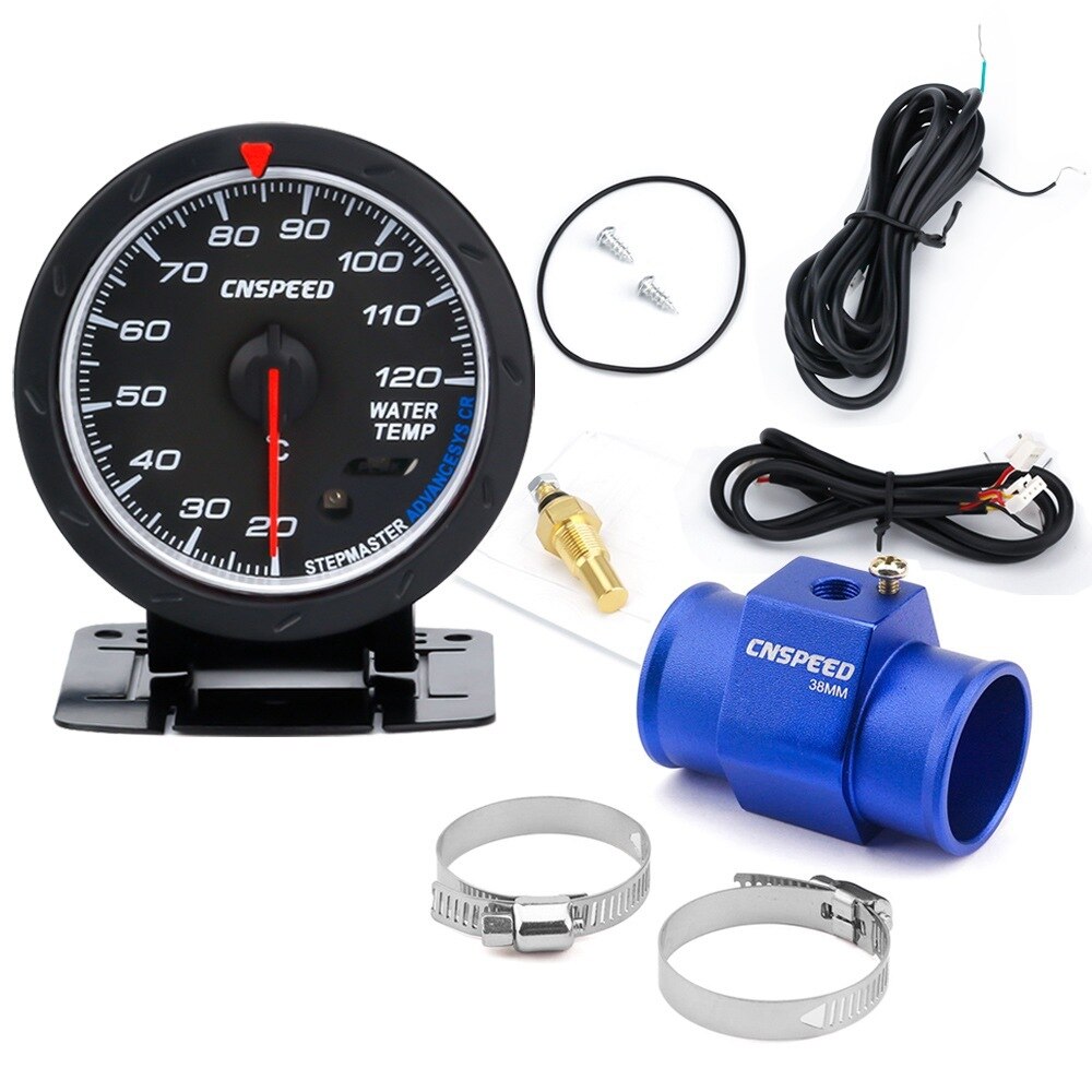 CNSPEED 60MM Temperatuurmeter 20--120 C Water Temp Meter Rood &amp; Wit Verlichting Auto Water met sensor adapter: with 38mm