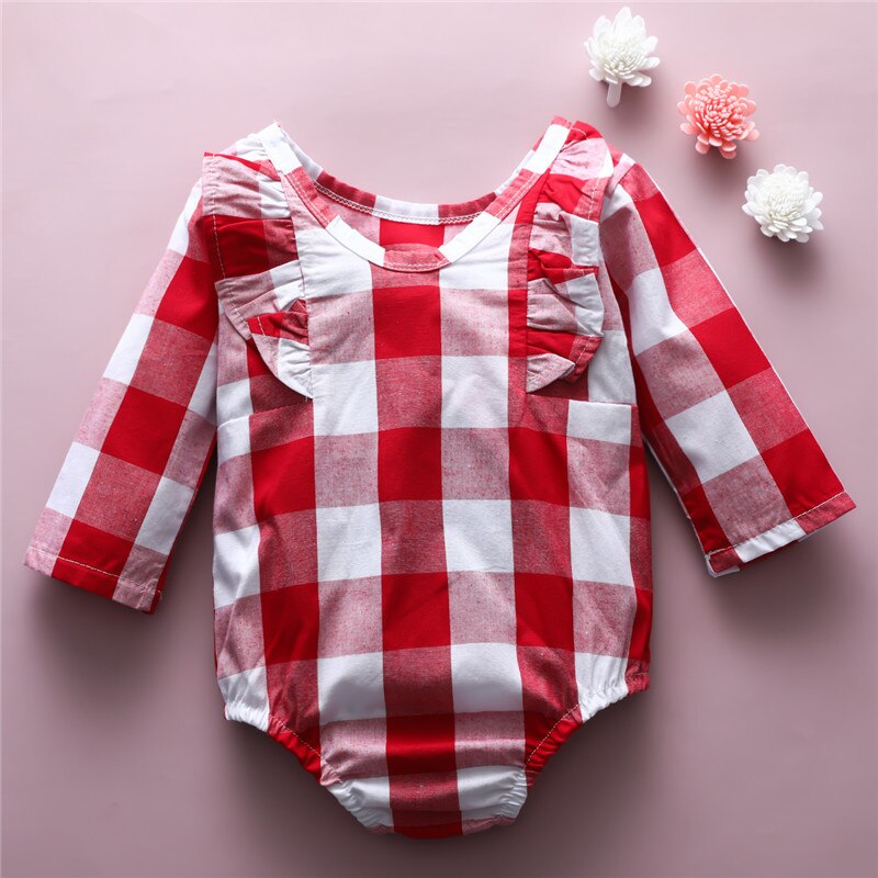 Baby jumpsuit met ruitjesprint, peuterkleding, o-hals, lange mouwen, kanten ruches, body's, babykleding voor meisjes