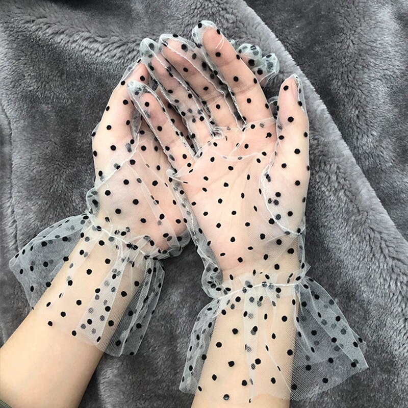 Gants en Tulle pour femmes, 1 paire, transparents, courts, imprimés à pois, noirs, blancs, en maille, pour soirée en Club, robe de danse,