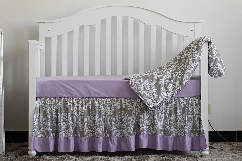 3 st uppsättning boho blommig volang baby minky filt baby plantskola spjälsäng kjol set baby flicka spjälsäng sängkläder (grå lila)