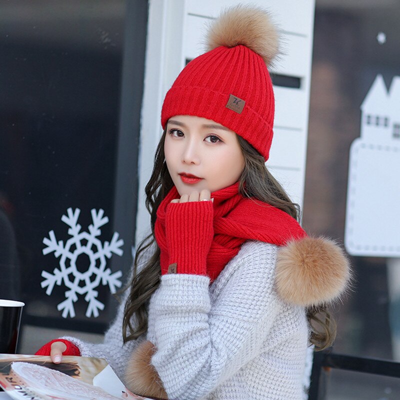 Vinter kvinder hatte tørklæde handsker 3 stk sæt til piger tyk bomuld vinter kvinder tilbehør hatte sæt kvindelige beanie tørklæde handsker: Rød