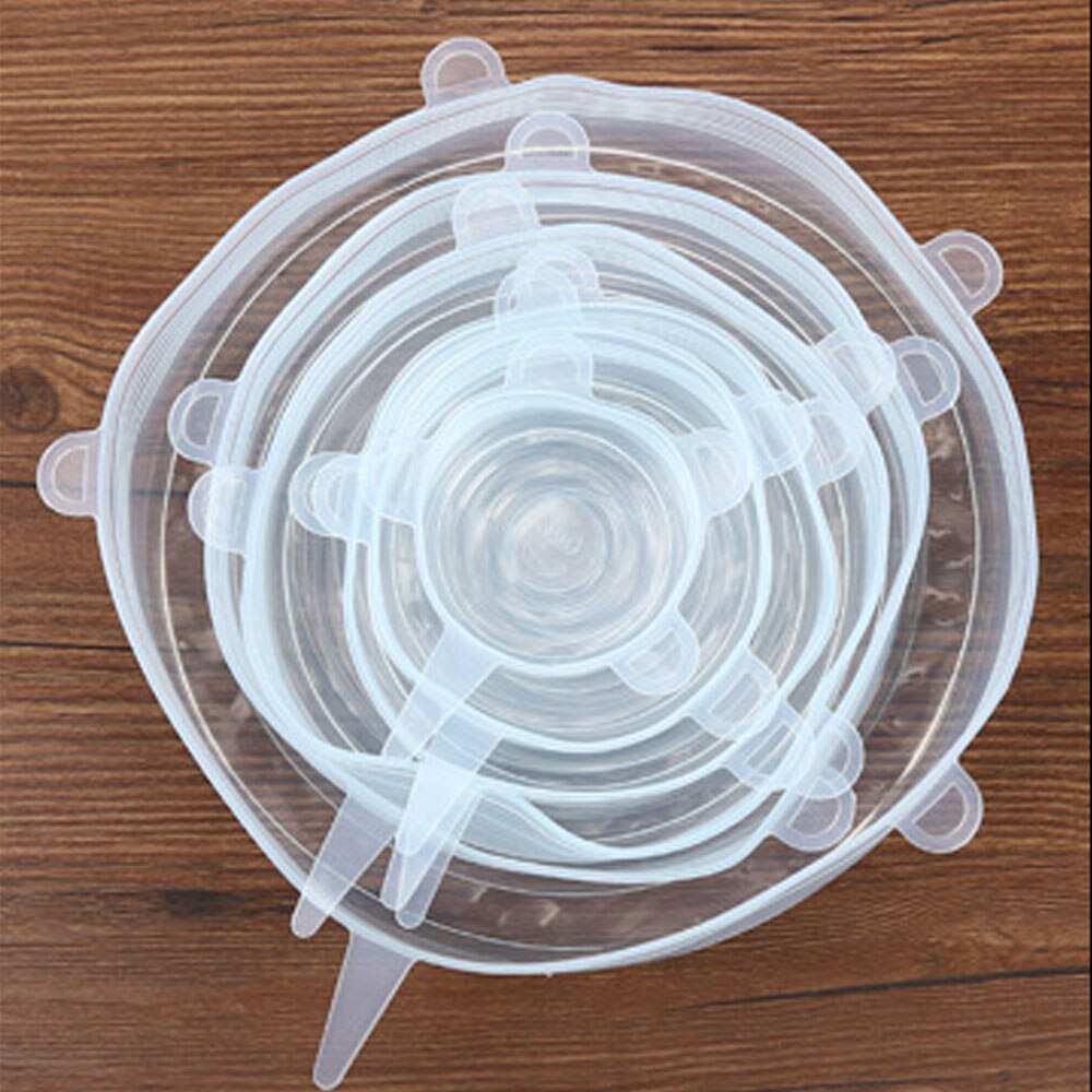 6 uds tapas elásticas de silicona tapa Universal de silicona tapa de olla de silicona tapa de cocina de alimentos cubierta fresca de microondas: White