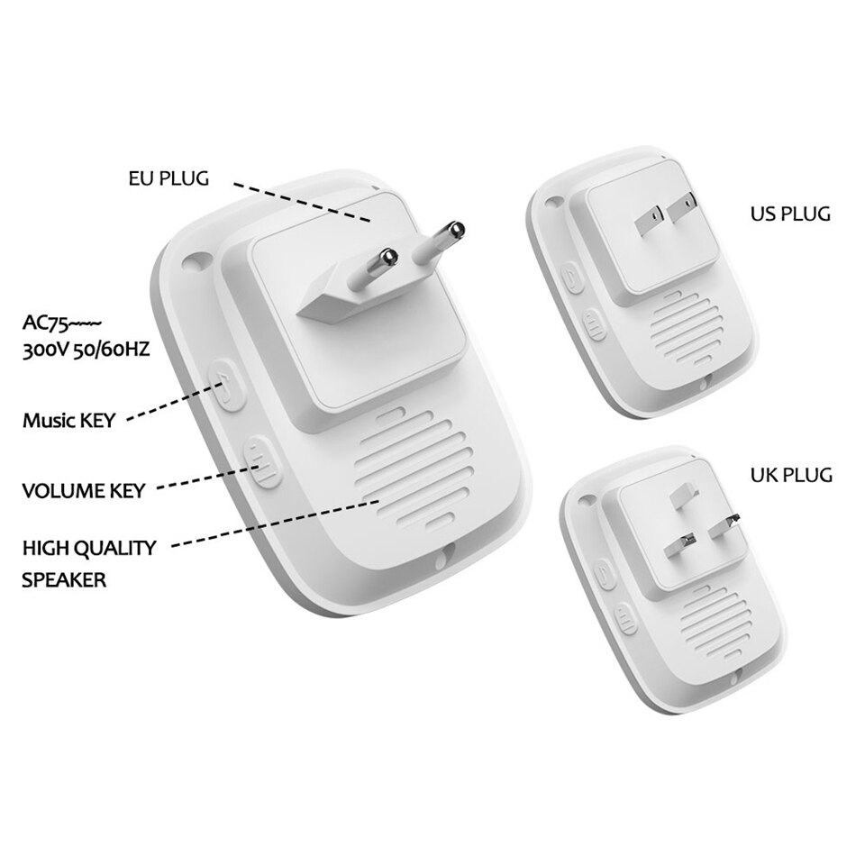 Self-powered Waterproof Wireless Doorbell with No Battery EU US UK Plug Cordless Home Door Bell 1 button 5 Receivers 60 Chimes