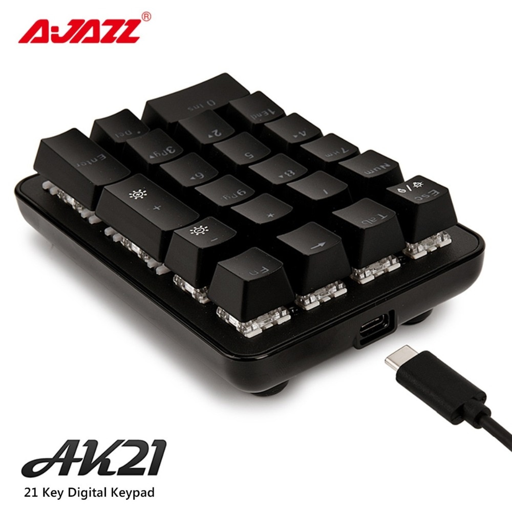 Ajazz AK21 21-key Ergonomic Backlit USB Wired Digital Numeric Keypad Keyboard Detacheable Cable and Type-C USB port Blue Axis