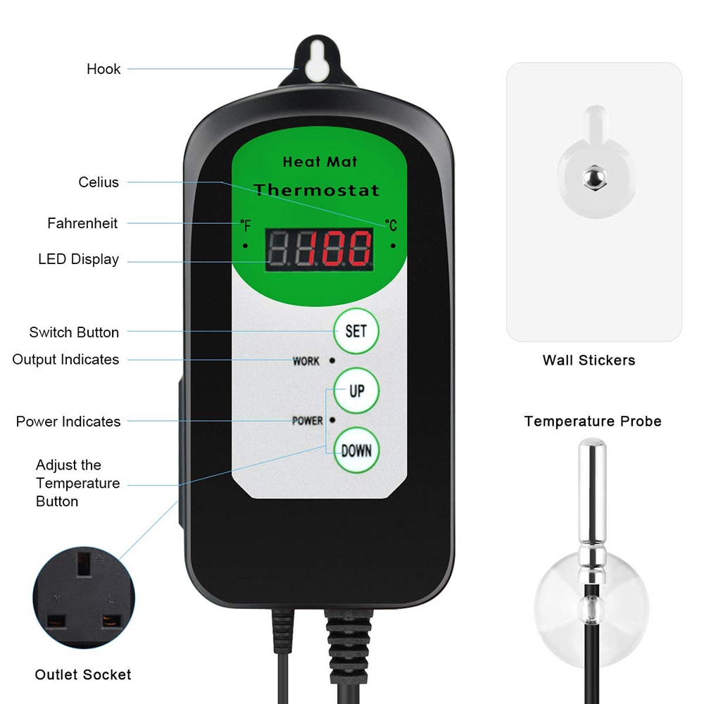 Digital Screen Thermostat Controller With A Temperature Needle 20-42 Celsius For Seed Germination Reptiles Brewing The Heat Mat