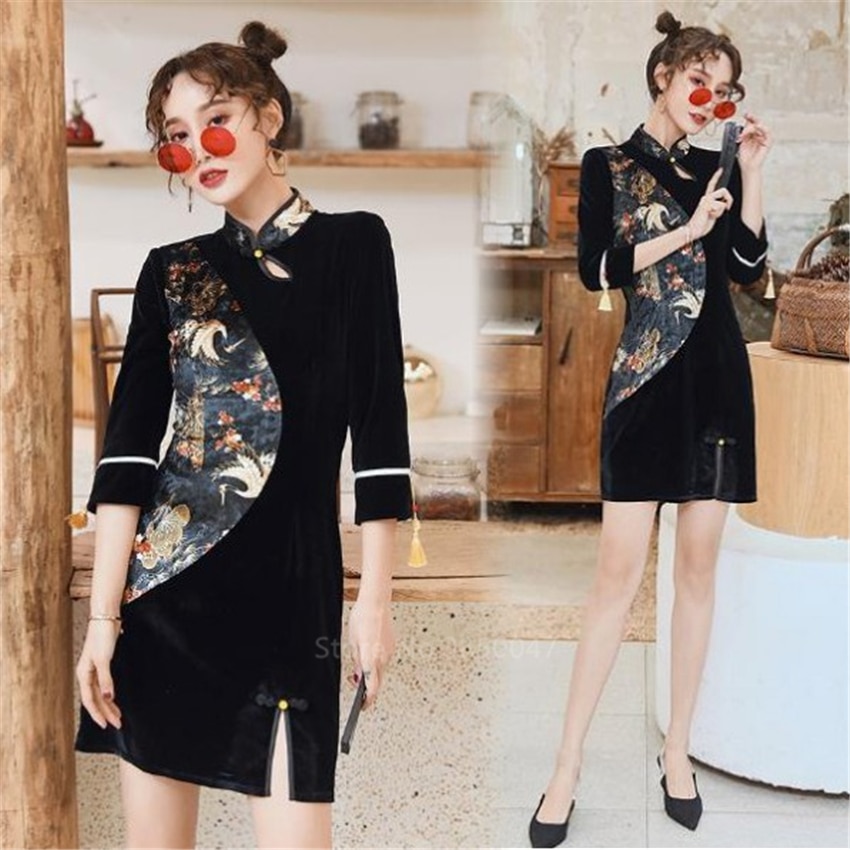 dame svart fløyel cheongsam kjole kran splitt kort qipao retro kinesisk stil tradisjonelle klær festkjole
