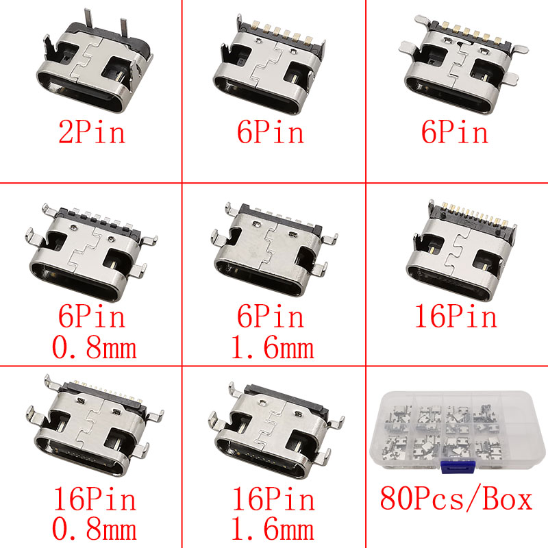 Puerto de carga hembra USB tipo C, conector tipo C de 2/6/16 pines, enchufe SMD PCB, soldadura DIY, reparación, adaptador de conector USB-C tipo C, 1 caja