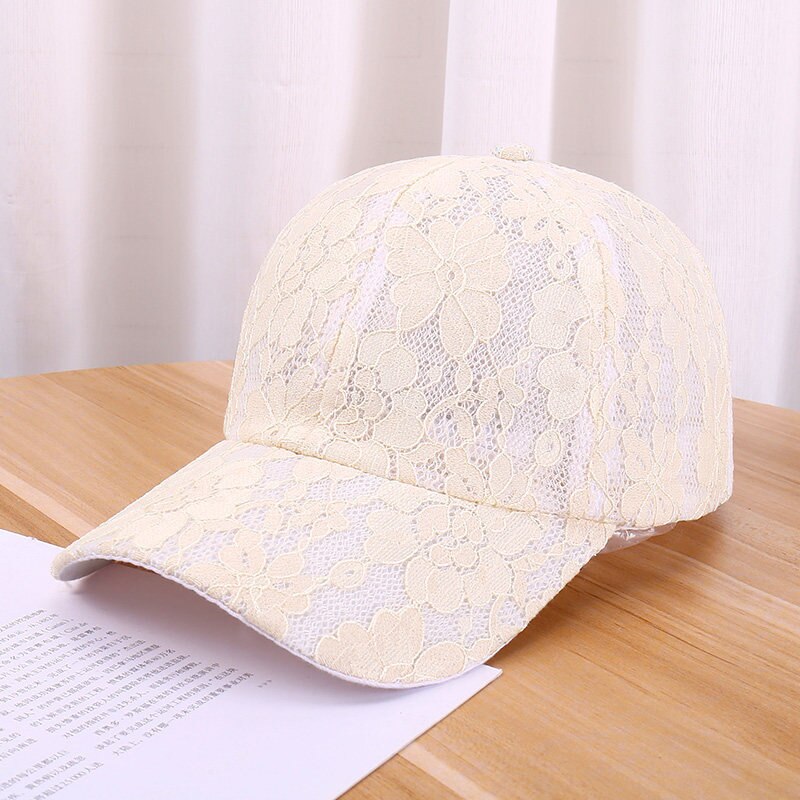 Kvinner hul blonder blomst baseball caps sommer pustende netting solhatt floral casual jenter justerbare caps: Beige