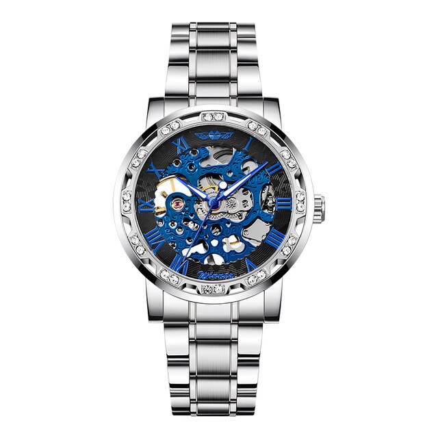 Winnaar Transparant Mode Diamant Display Lichtgevende Handen Versnelling Beweging Retro Mannen Mechanisch Skeleton Horloges: silver blue