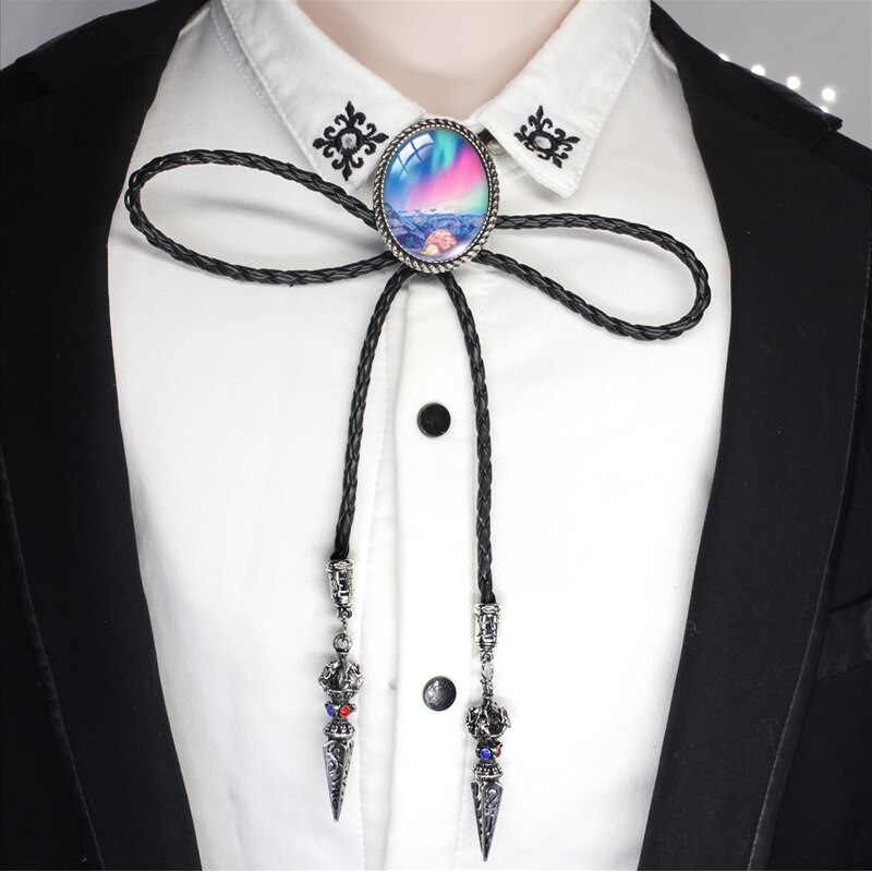 BOLO-00168 nuovo arrivo Polar Light Galaxy Nebula ovale in vetro Cabochon Western Bolo Tie Neck cravatte collana a catena in pelle: 5-1