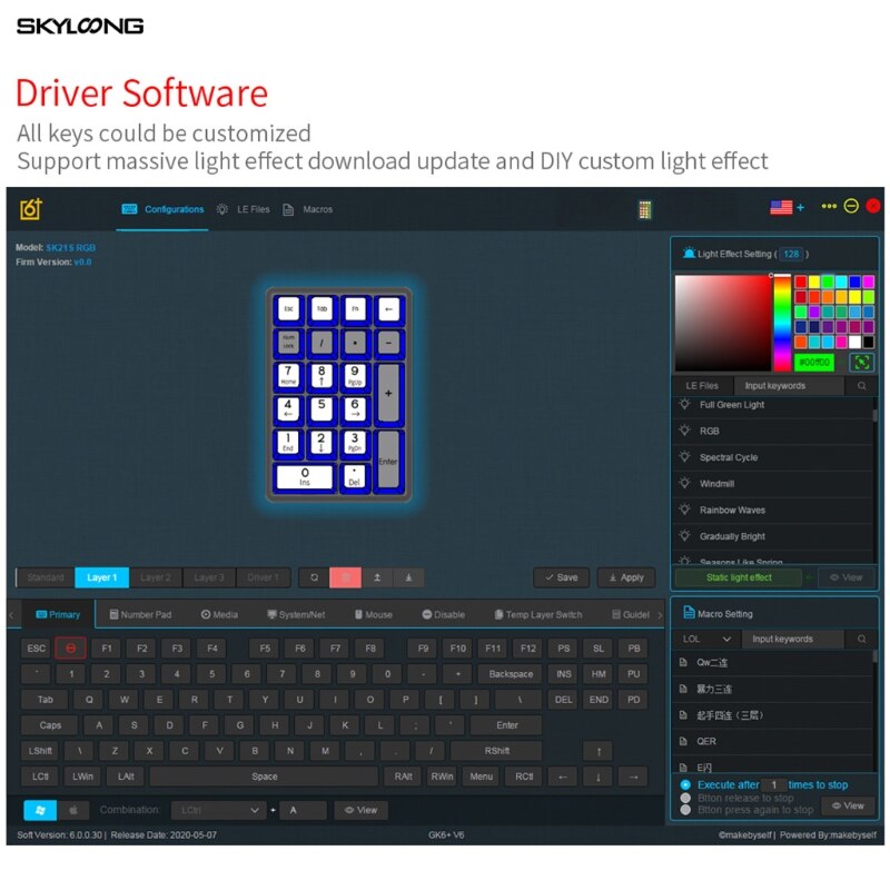 SK21 Mechanical Numeric keyboard RGB Backlit Fully Programmable Type C Swappable PBT cap for Gateron Switch Mac PC