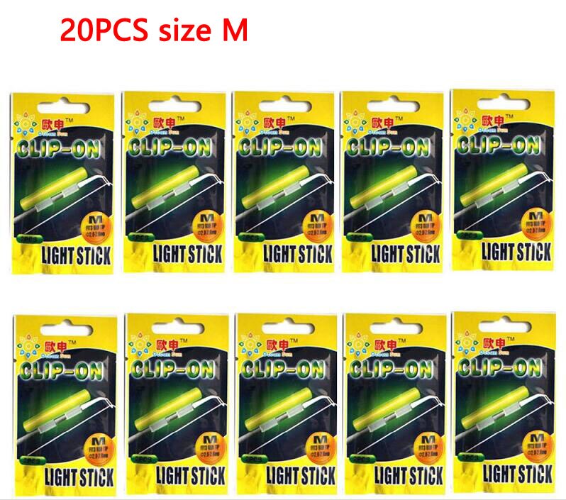 Clip On! 20Pcs(10bags) XL L M Night Fishing Lighting Stick Wand Green chemical glow stick fishing light stick: 20pcs Size M