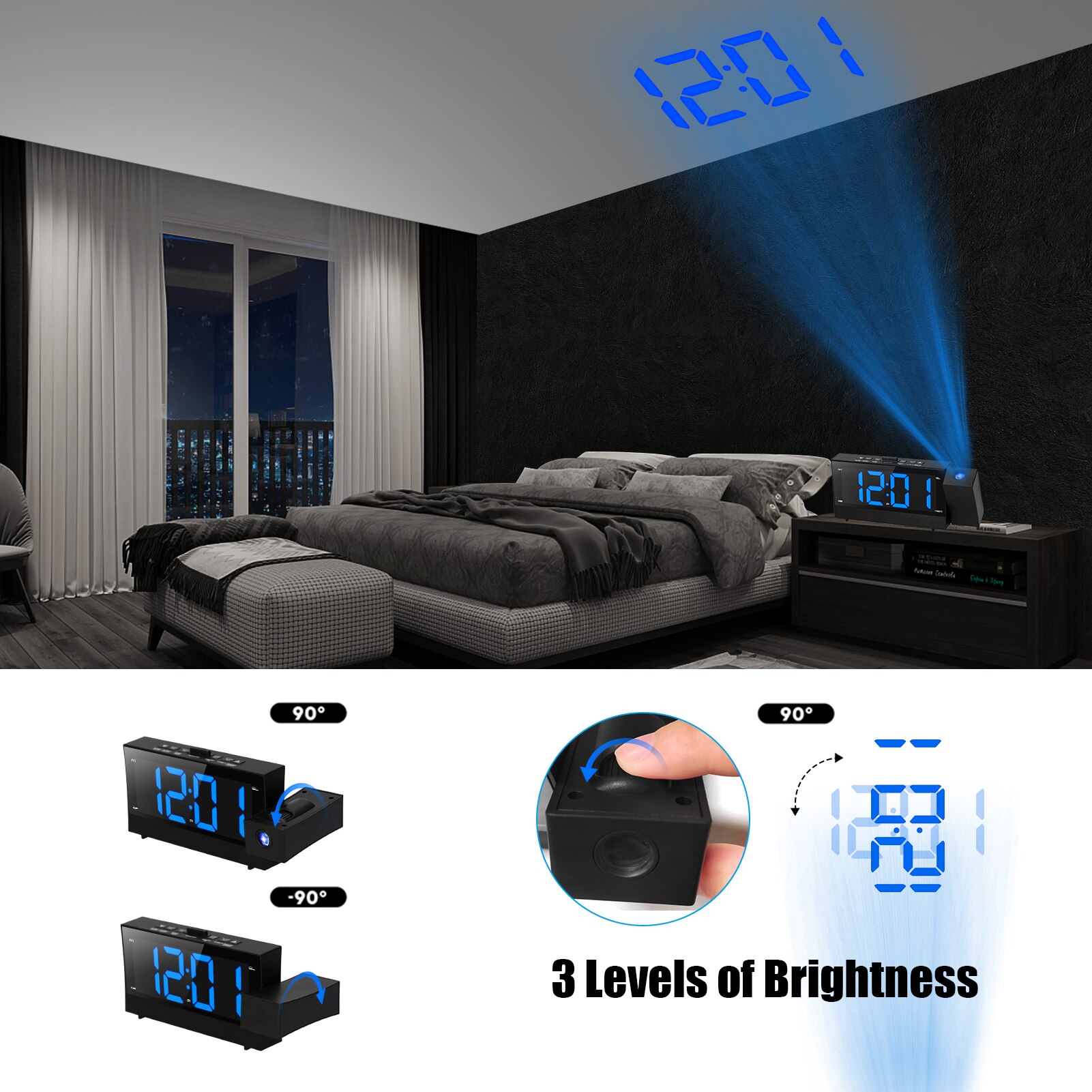 Kkmoon 6.4Inch Digitale Projectie Wekker 180 Graden Draaibare Projector Klok Met Dual Alarm Snooze Fm Radio Telefoon Oplader