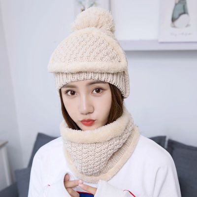 Gorro de lana de Pelo Liso para mujer, gorro de Cachemira de punto grueso y cálido, conjuntos de bufandas para exteriores, de invierno,: beige