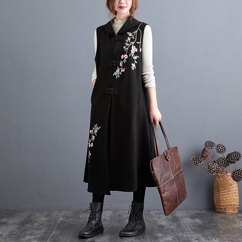 Chaleco para mujer, novedad de , chalecos con estilo chino para mujer, chaqueta sin mangas, bordado Vintage, chaleco largo y delgado étnico 11424