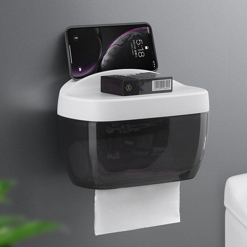 Wall Mounted Toilet Paper Holder,Waterproof Tissue Box,Bathroom Paper Towel Holder with Storage Box - Toilet Paper Dispenser: A-black