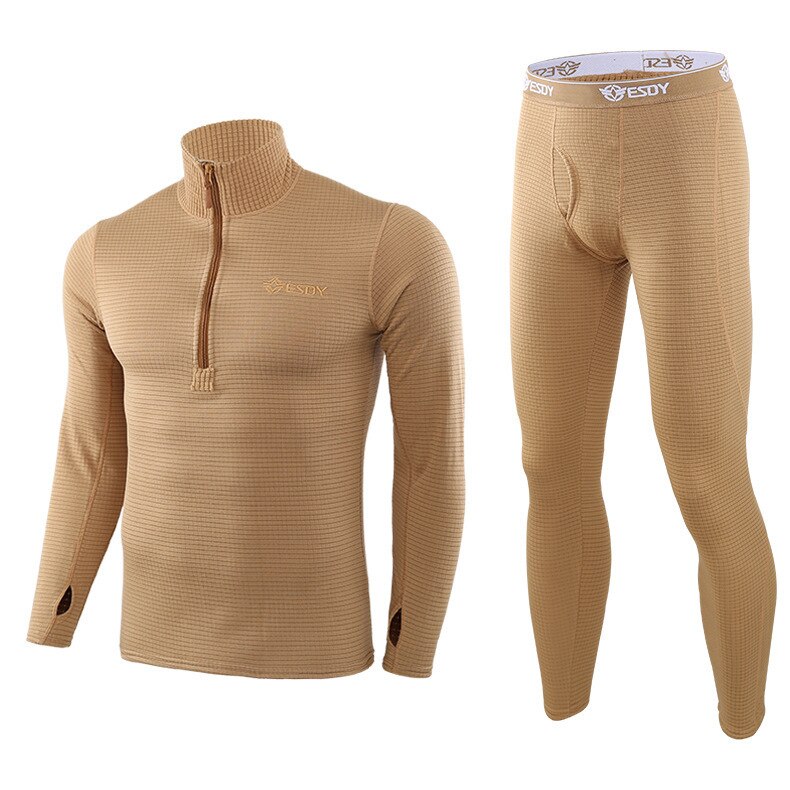 Winter Thermisch Ondergoed Sets Mannen Sneldrogend Anti-Microbiële Stretch Thermo Compressie Fleece Zweet Fitness Warme Lange Onderbroek: Khaki / L