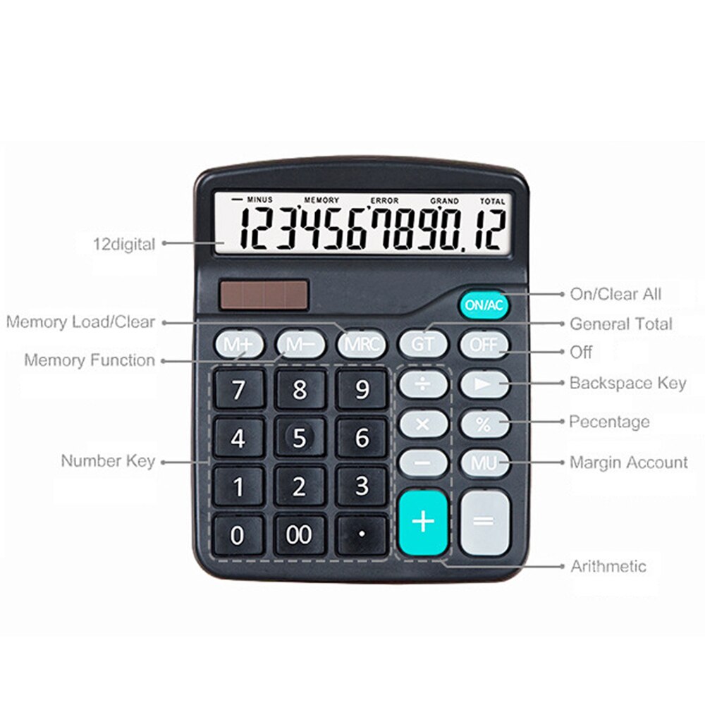 Electronic Calculator Standard Function Basic Counter with 12-Digits Large LCD Display Big Buttons Dual Powers Solar Batterys