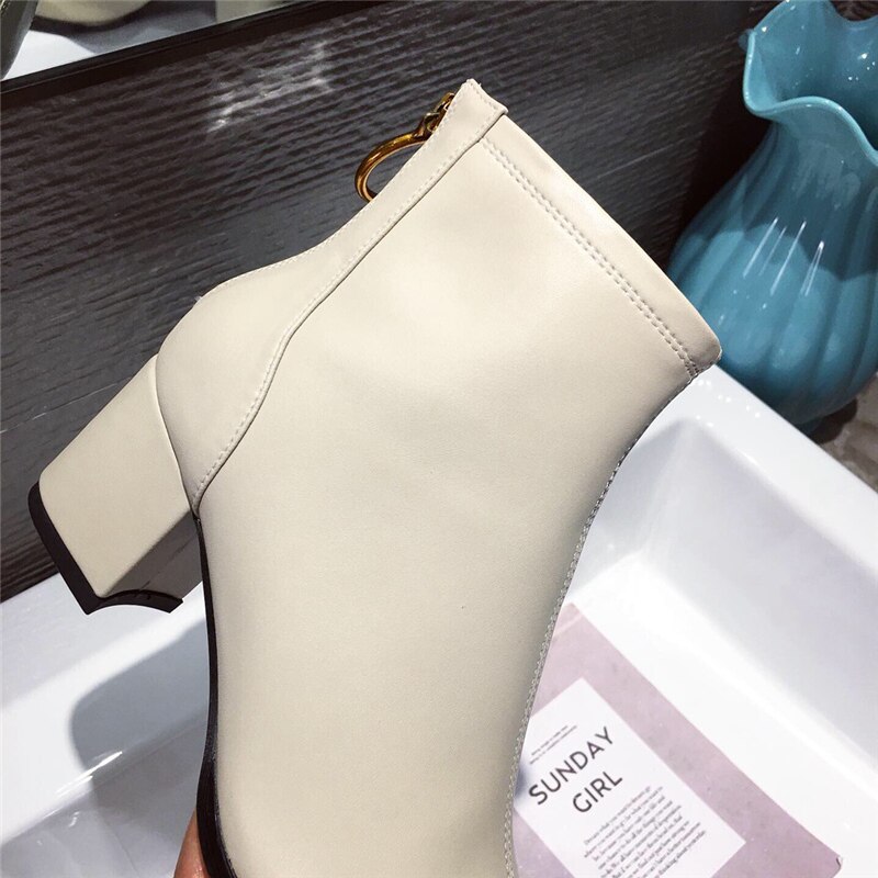 Winter luxe dames 5cm blok hoge hakken enkellaarsjes wit beige hakken leren korte laarzen western chelsea boots schoenen