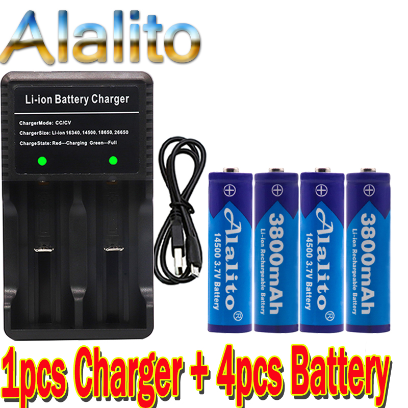Original 14500 battery 3.7V 3800mAh Rechargeable Li-ion Batteries For Flashlight + EU US Battery Charger: Red
