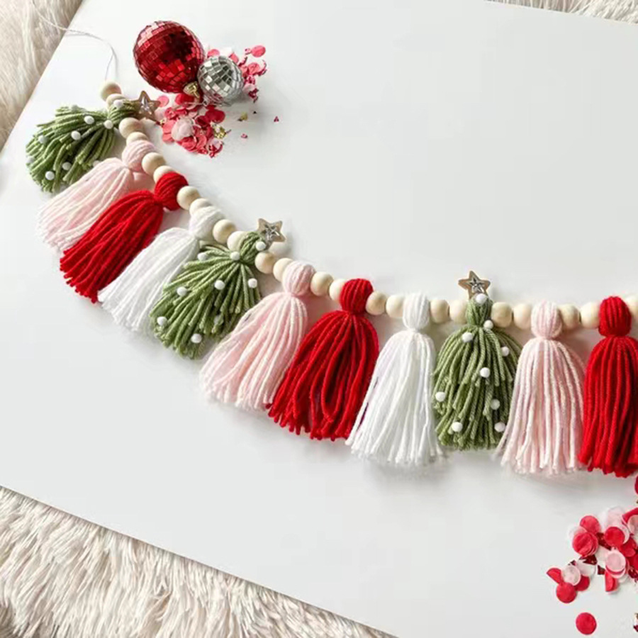 Boho julbanderoll träpärlor tofsgirlang väggbonad heminredning för festdekoration julgran vinterrumsdekor: Mörk khaki