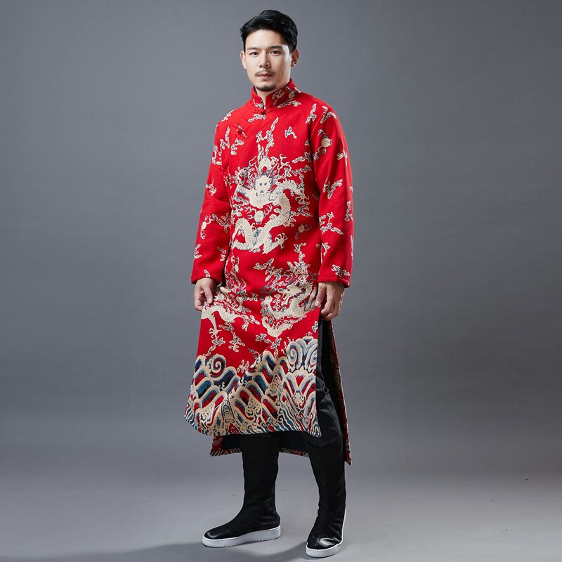 Men Winter Traditional Chinese Style Casual Stand-Up Collar Thicken Cheongsam Male Oriental Style Robe Cotton Tang Suit Qi