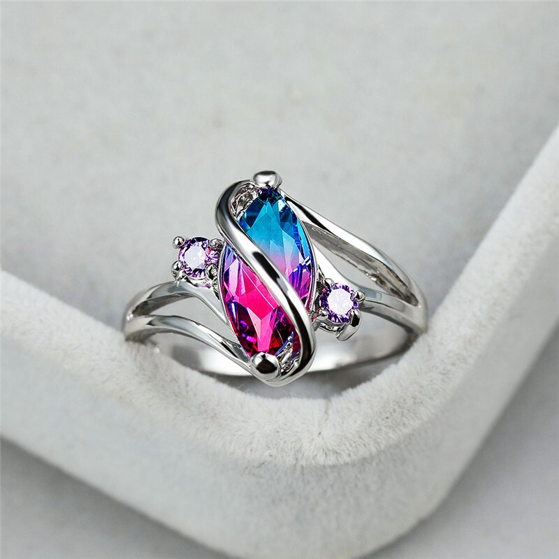 Charme kvindelig blå krystal sten ring vintage sølv farve vielsesringe til kvinder lover zirkon blad forlovelsesring
