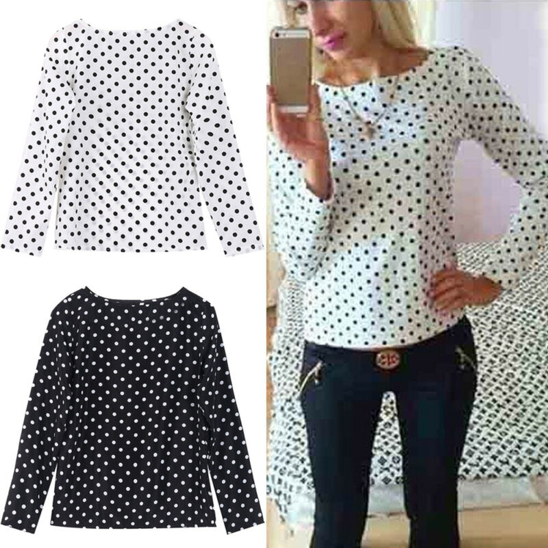 Women Spring Summer Tops Long Sleeve Polka Dot Chiffon Blouse Casual Shirts