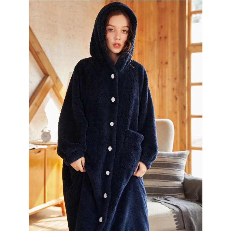 Women Pajamas Solid Color Plush Fleece Dual Pocket Button Up Hooded Robe Long Sleeve One-Piece Winter Nightwear Sleepwear