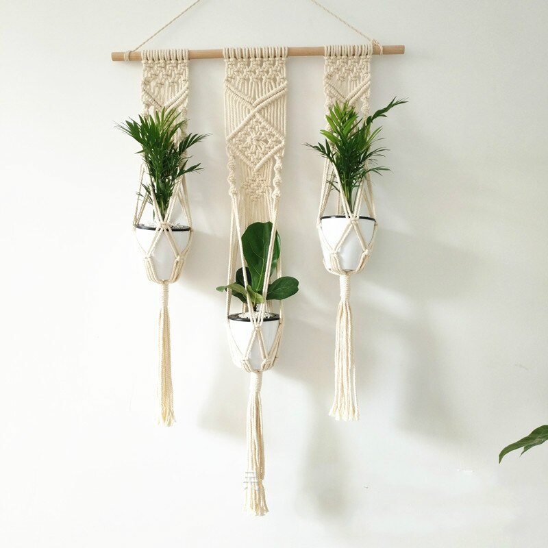 Macramé de doble capa de madera para colgar en la pared, marco de partición, decoración, Hogar, cesta, soporte de planta, cesta de flores, decoración Boho