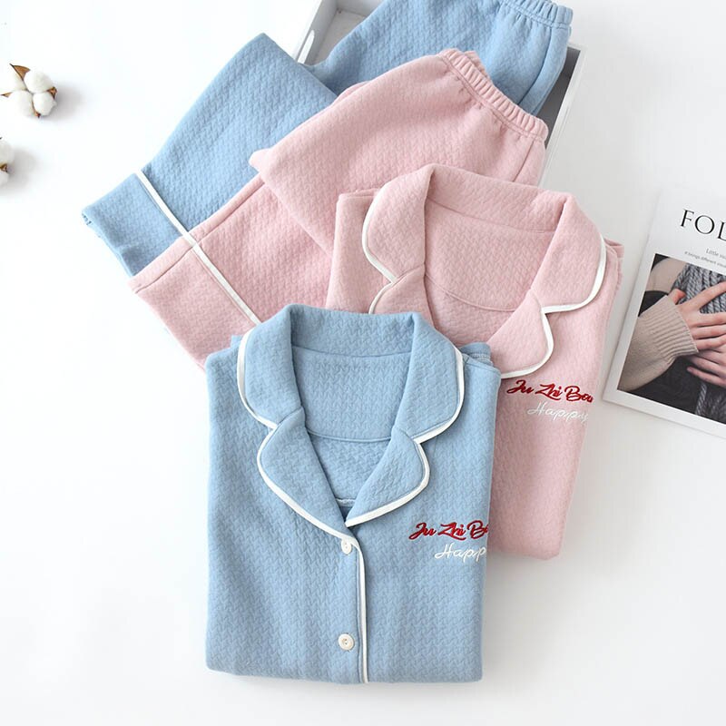 Conjunto de pijamas de algodón para mujer, ropa de dormir cálida de invierno, con bordado de letras, traje de manga larga y pantalones,