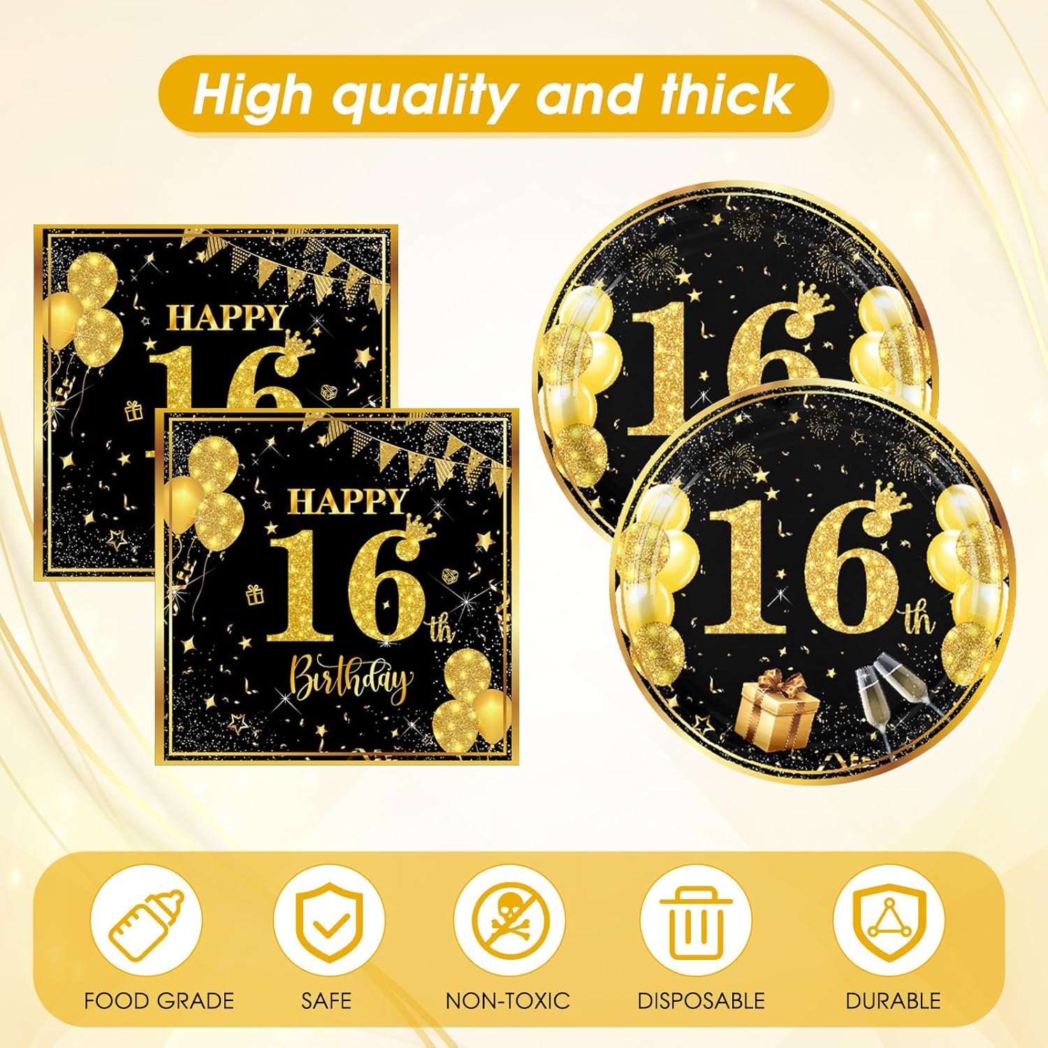 16e verjaardag voor jongens meisjes Gelukkige 16e verjaardag benodigdheden 16 feestdecoraties Zwart goud 16e verjaardag Borden Servetten Tafelkleden