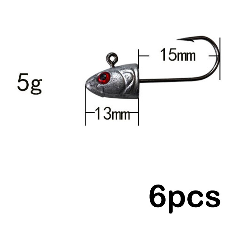 Señuelo de cabeza suave de plomo, aparejo de pesca de lubina, tipo pez 3D, Ojo de 3,5g 5g 7g 10g, cebo de gusano blando de silicona con púas, herramienta de gancho, 6 uds.: 5g