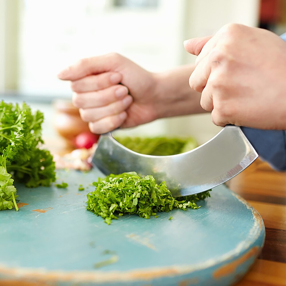 8.5 pouces en acier inoxydable Mezzaluna couteau herbe hachoir Pizza Cutter fruits légumes salade trancheuse Dicer herbe hachoir couteau de cuisine