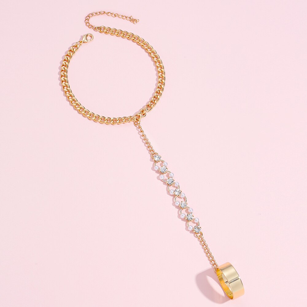 Anel de dedo de strass brilhante anel de dedo ligado para mulheres punk ouro cubana corrente pulseira link mão harness jóias: Default Title