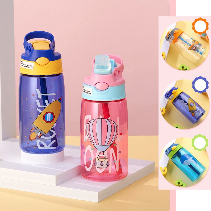 Vaso de agua para niños de 480ML, tazas de alimentación de bebé con dibujo , con pajitas, botellas de agua para exteriores, portátiles