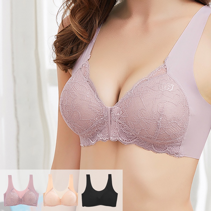 Women Seamless Sports Bra Adjustable Front Closure Elastic V-neck Push Up Underwear Lace Trim Sports Bras Women's Sportswear