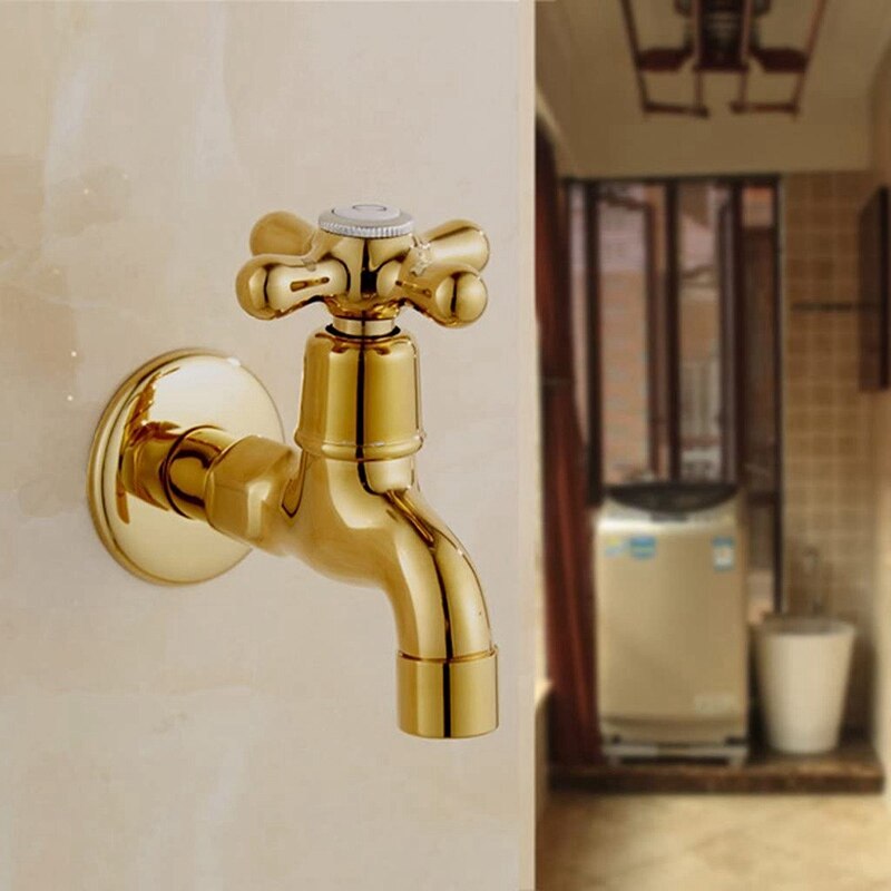 Single Cold Faucet Wall Mounted Outdoor Garden Washing Machine Bath Tub Tap Faucet Chrome Gold - Gold