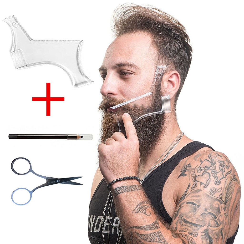 Beard Mustache Facial Hair Trimming Shaping Comb Stencil Template W/ Scissor