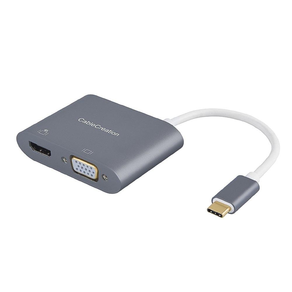 USB C to HDMI + VGA, USB Type C (Thunderbolt 3 Compatible) to HDMI 4K+VGA Adapter, Compatible Macbook Pro/Chromebook Pixe