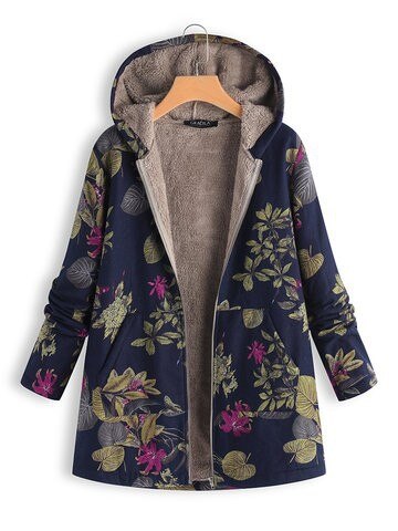 Chaqueta de mujer abrigo de peluche cazadora de invierno cálido prendas de vestir estampado Floral bolsillos con capucha Vintage abrigos de gran tamaño de talla grande # D: Navy / S