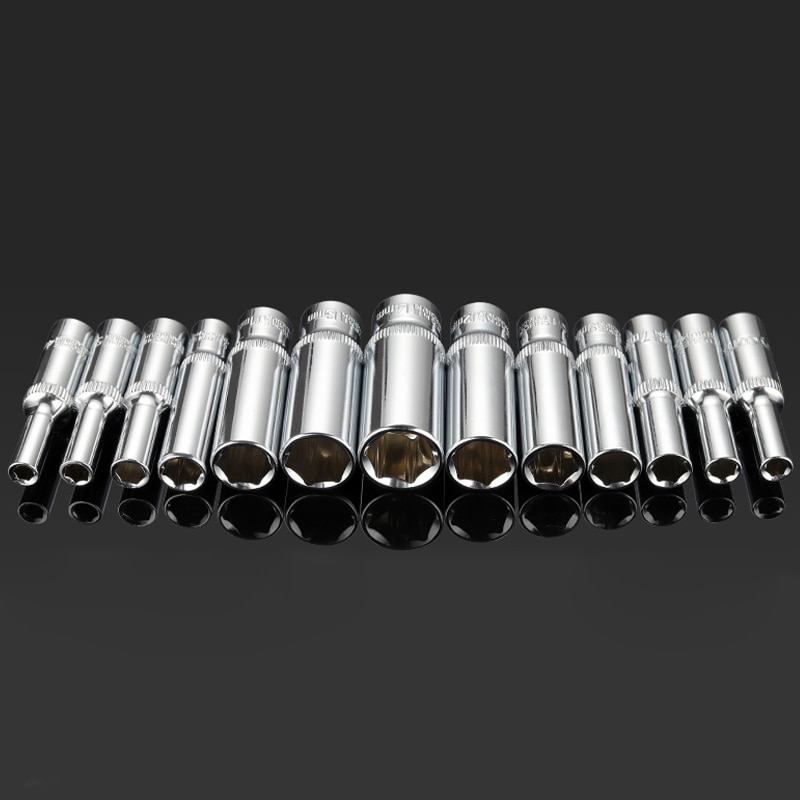 13pcs 4-14mm Socket Set 1/4" CR-V Lengthened Wrench Head Hex Spanner Allen Head 1/4 Universal Deep Sockets Auto Repair Tools: Default Title