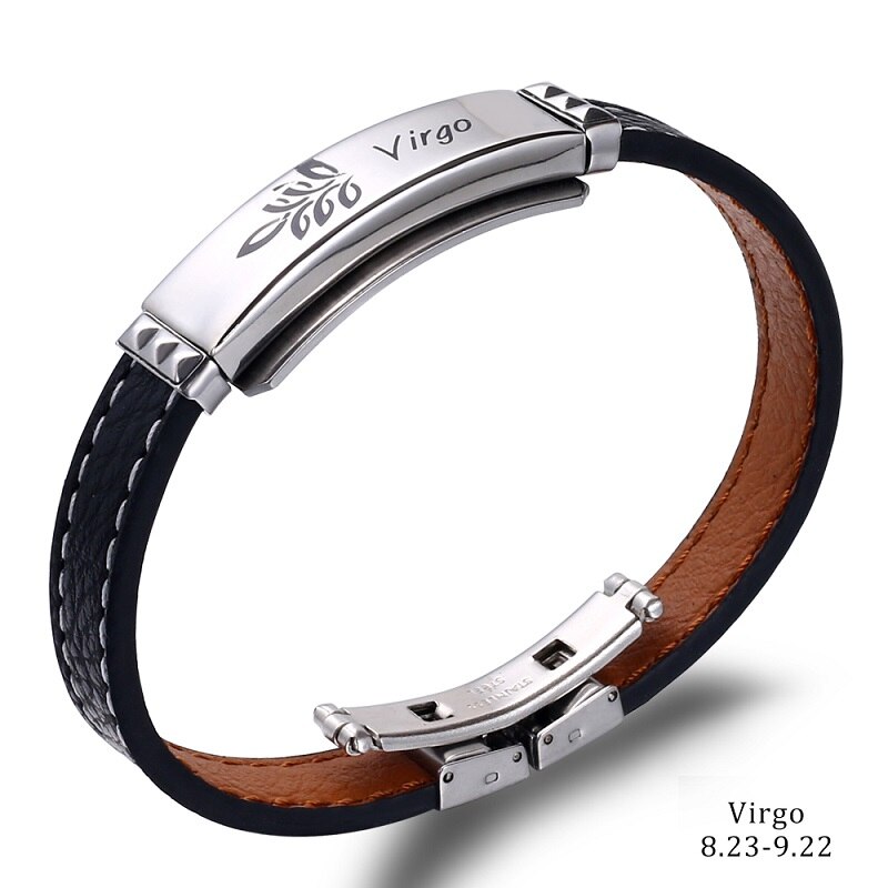 Pulsera de acero inoxidable con 12 Constelaciones para hombre, joyería de , Charm, cuero negro, signos del zodiaco informales, Punk,: virgo
