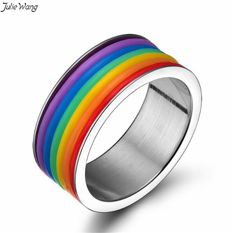 Julie wang 1pc regnbue ring rustfrit stål mænd homoseksuelle ringe lgbt statement smykker tilbehør 6-11us størrelse fine