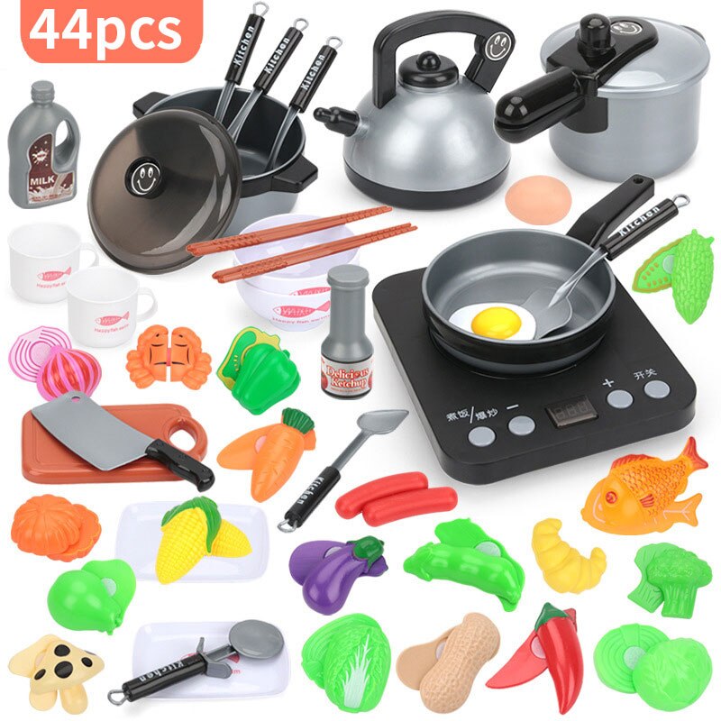 Kids Kitchen Toys for Children Pretend Play Girls Toys Kitchenware Playset Miniature Kitchen Pots Pans Kettle Faked Food: red 44pcs