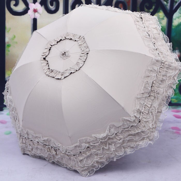Vrouwen Prinses Dome/Vogelkooi Zon/Regen Opvouwbare Paraplu Voor Wedding Lace Trim Beige