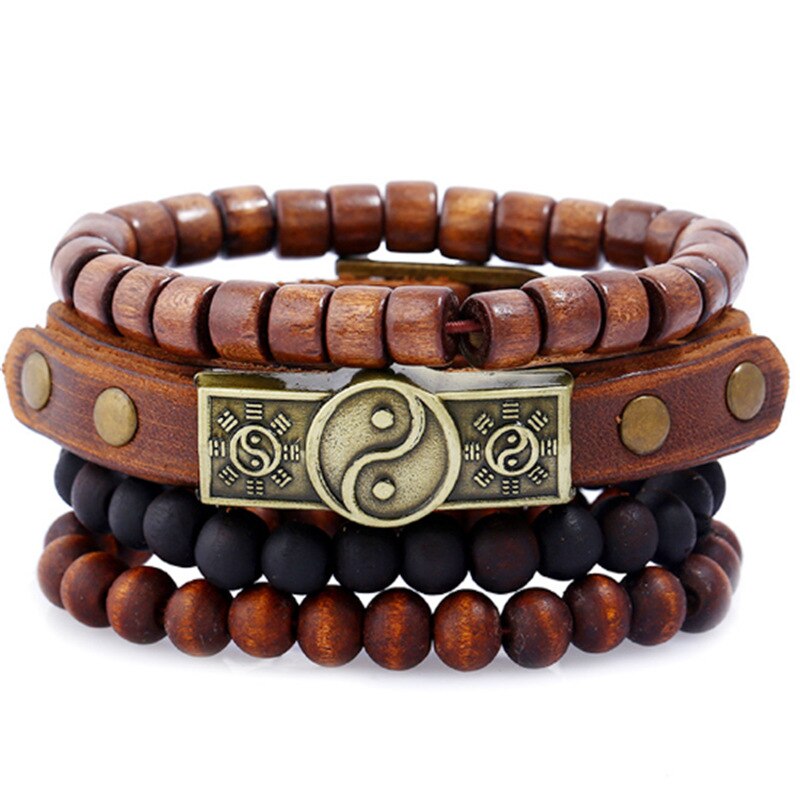 Pulseira de couro trançado 4 pçs/set, pulseiras para homens e mulheres, vintage, contas de madeira, cruz, étnica, esperança: A-5