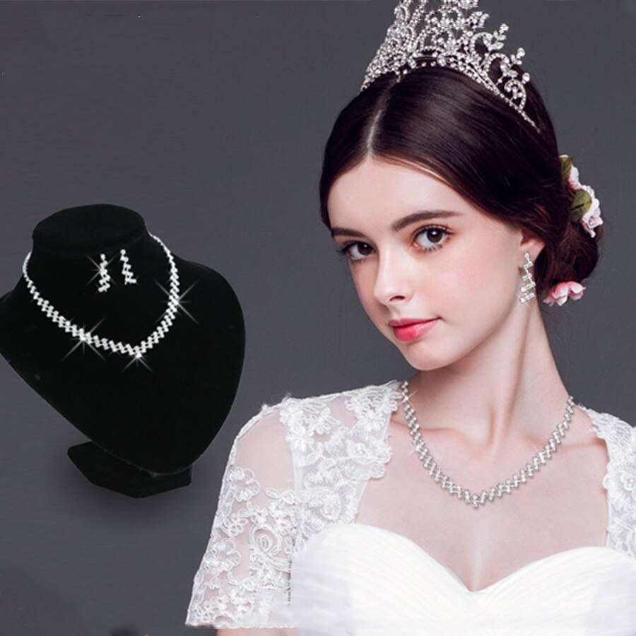Conjunto de joyas de boda chapadas en plata, conjunto de joyería de diamantes de imitación brillantes de cristal, collar , pendientes, conjunto de joyería de compromiso